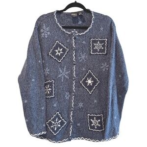 ERIKA Womens 1X Snowflake Embroidered Cardigan Sweater Blue Ramie‎ Cotton VTG